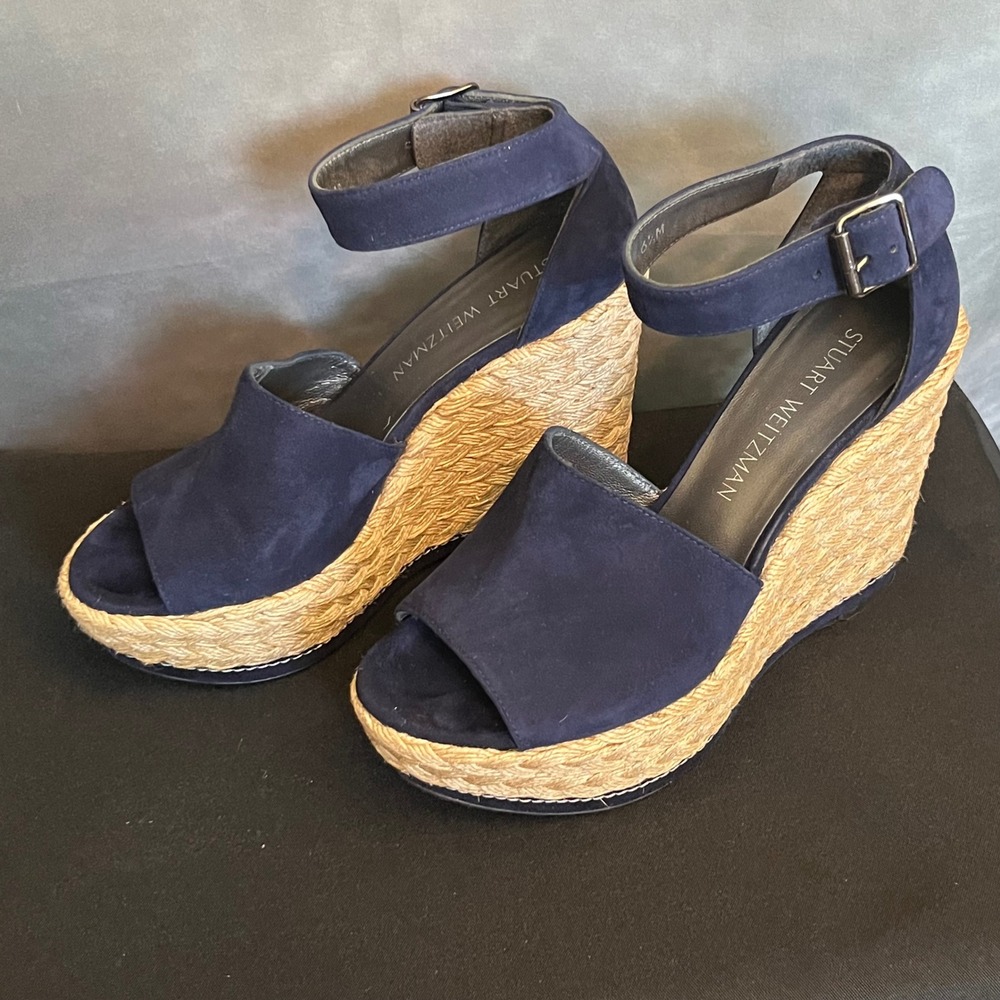 Stuart Weitzman SoHo Jute Navy Suede Espadrille Wedge Sandals‎ Women's Size 6.5